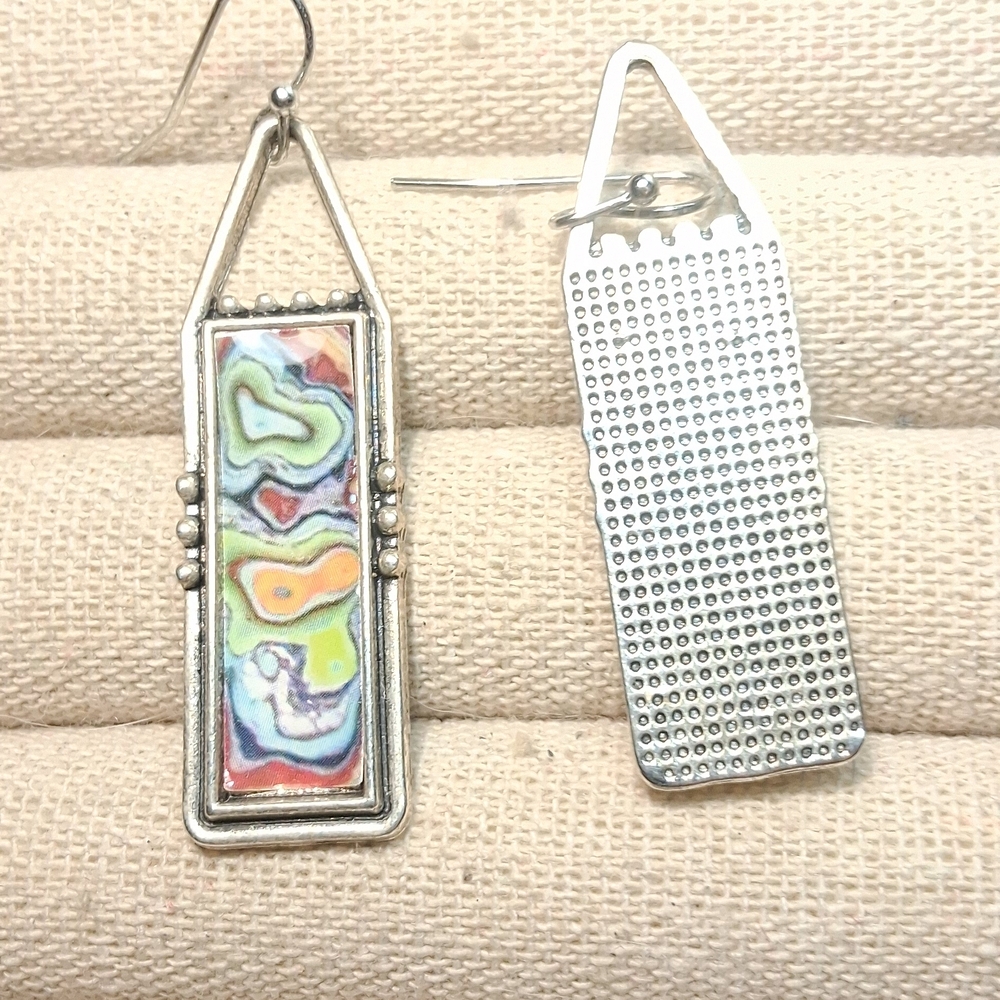 Handcrafted Multicolor Rectangular Drop Earrings - Silver-Tone Frame - Picture 3 of 3